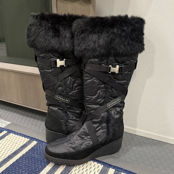 COACH MACKENZIE 7.5  BLACK MONIOGRAM NYLON SUEDE WEDGE BOOT WINTER - Picture 1 of 12